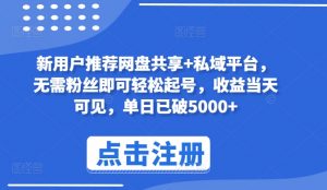 新用户推荐网盘共享+私域平台，无需粉丝即可轻松起号，收益当天可见，单日已破5000+【揭秘】-好创网