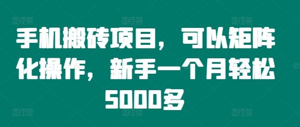 手机搬砖项目，可以矩阵化操作，新手一个月轻松5000多-好创网